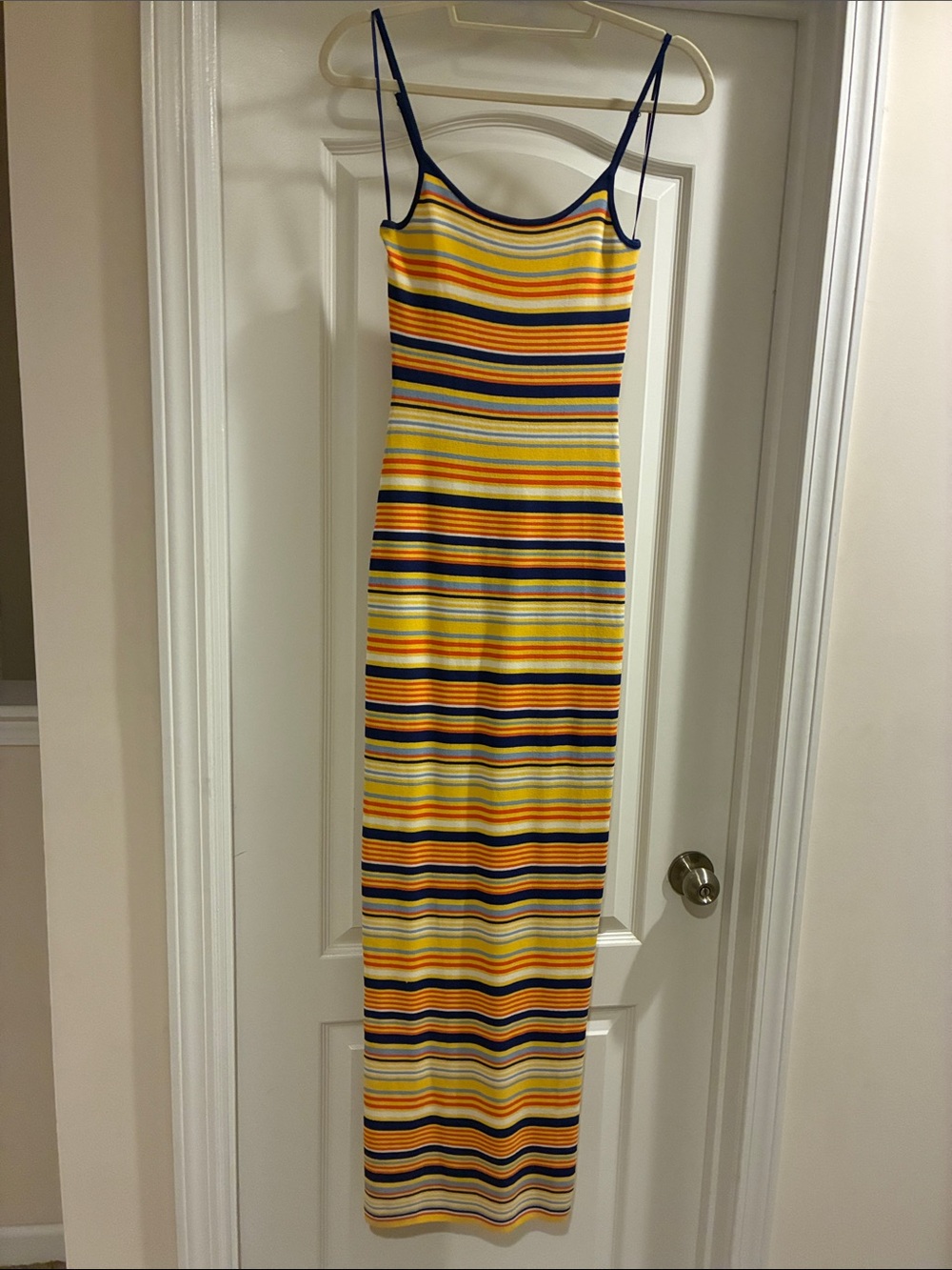 Fashion Nova Yellow, Navy & Orange Striped Maxi Dress